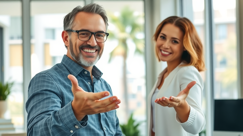 Reassuring real estate consultant welcoming Orlando homeowner into a bright office with palm tree outside