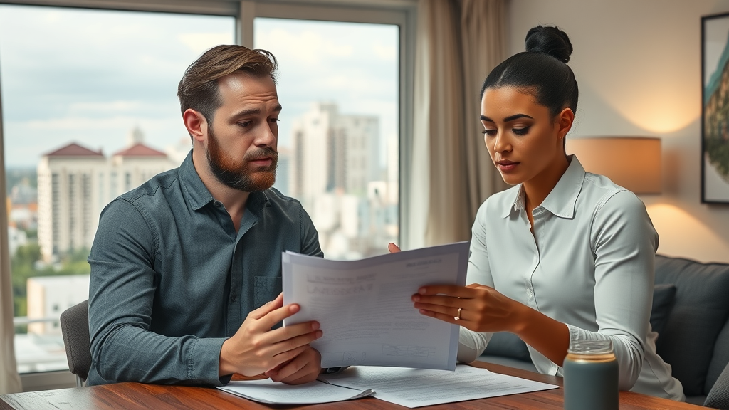 thoughtful landlord and tenant discussing lease paperwork in Orlando apartment
