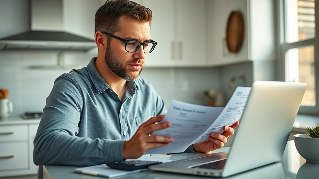 Analytical Orlando homeowner comparing multiple cash offers on a laptop in a bright kitchen—Is it Worth Selling House for Cash?