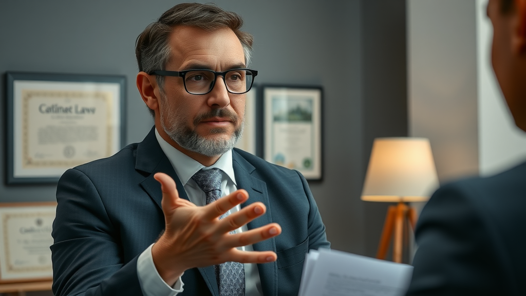 confident legal consultant explaining no-obligation consultation options in a detailed law office