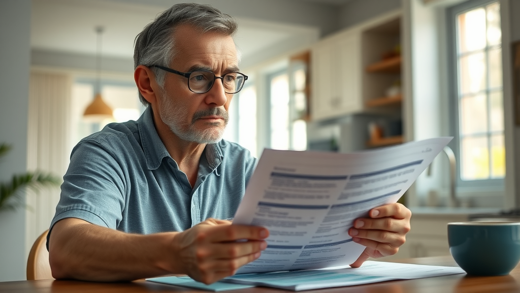Stressed Orlando homeowner reviewing foreclosure notice at kitchen table, avoid foreclosure Orlando, photorealistic Florida home