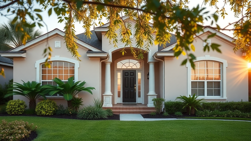 modern suburban Orlando house exterior, inviting and well-maintained, sunrise lighting, Photorealistic High Fidelity Lifelike, lush green Florida landscaping, highly detailed, subtle breeze moving tree branches, soft pastel colors, golden morning sunlight