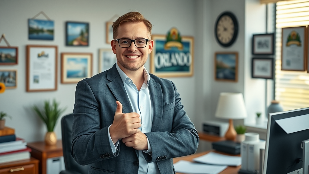 Confident cash home buyer in professional office with Orlando-themed decor, desk with real estate paperwork and computer