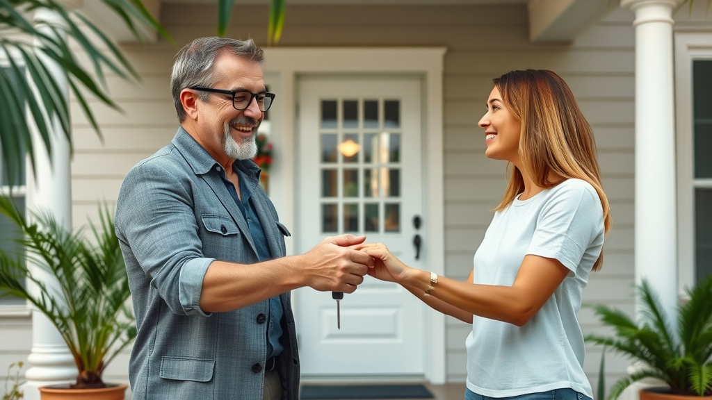 Orlando seller handing over house keys to smiling cash buyer, celebrating a successful as-is sale on a sunny front porch with simple landscaping.