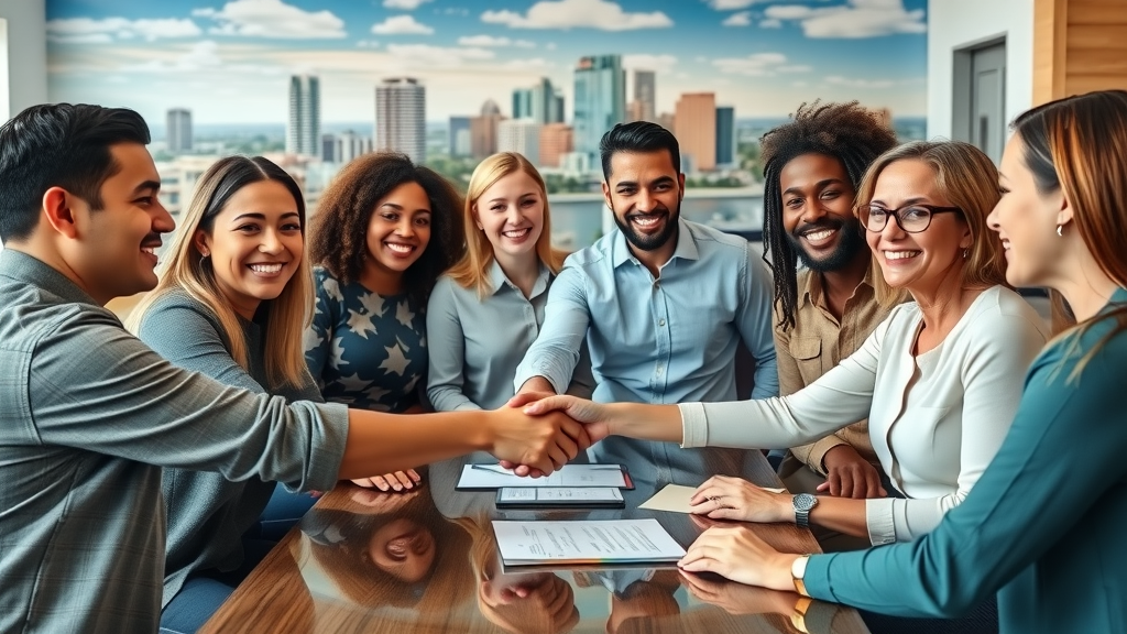 Orlando home buyers group, collaborative and experienced, office setting with skyline mural