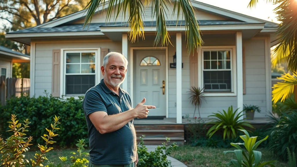 Fixer-upper in Orlando with an owner discussing needed repairs, vibrant Florida vegetation