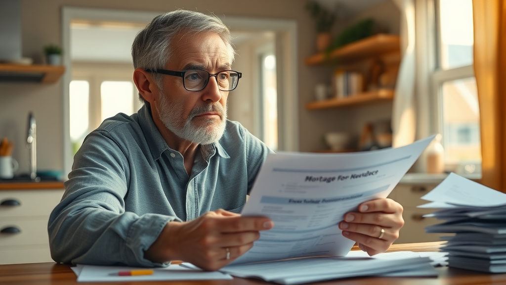 A stressed middle-aged homeowner with an anxious expression, reviewing overdue mortgage documents at a kitchen table. Warm home interior with late afternoon sunlight, scattered paperwork. Main keyword: stop foreclosure Orlando FL.