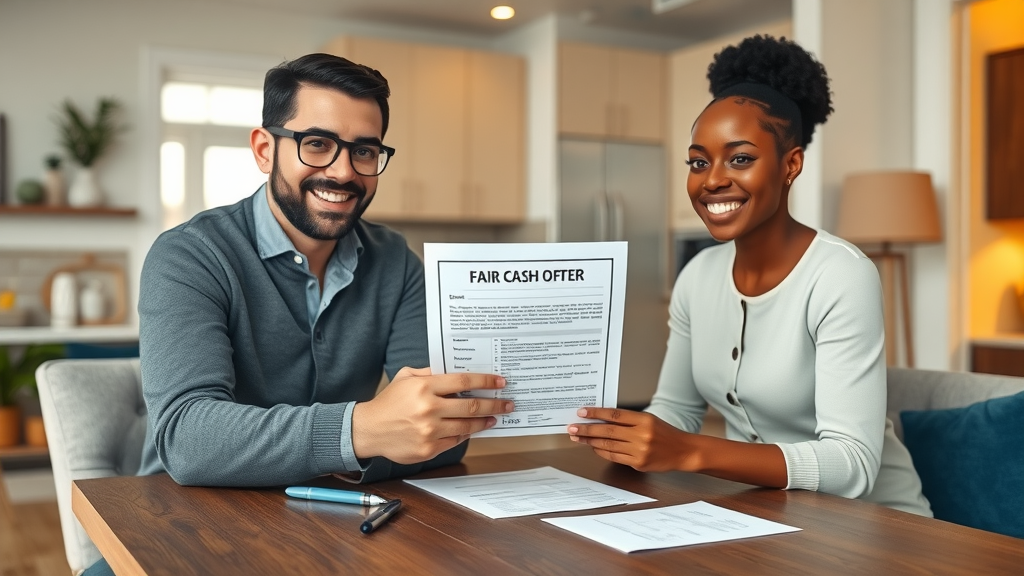 cash home buyer presenting fair cash offer to Orlando homeowner couple at kitchen table