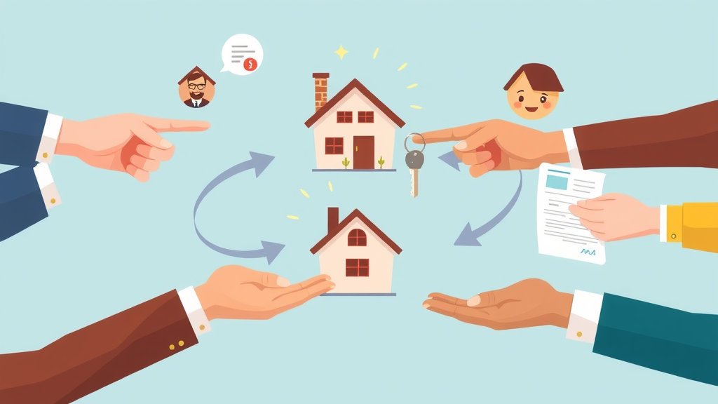 sell inherited property in florida: Step-by-step process visualized as flowchart with diverse hands exchanging house keys, icons for attorney and contract