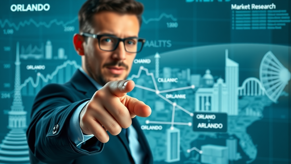 modern real estate map person pointing to Orlando locations with digital market charts - real estate market research for home sellers
