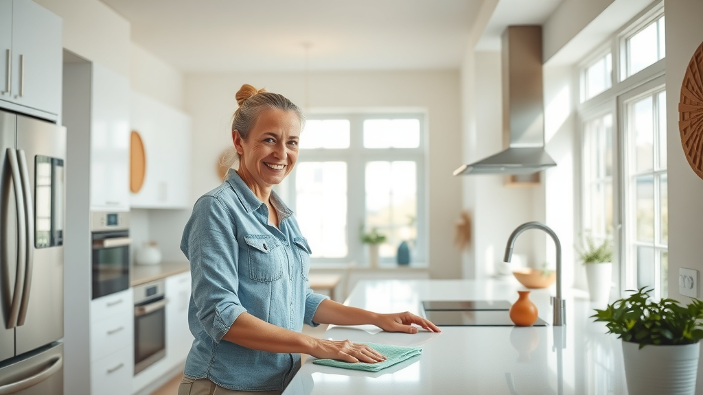 spotless kitchen interior happy homeowner cleaning countertops staging home for sale in orlando