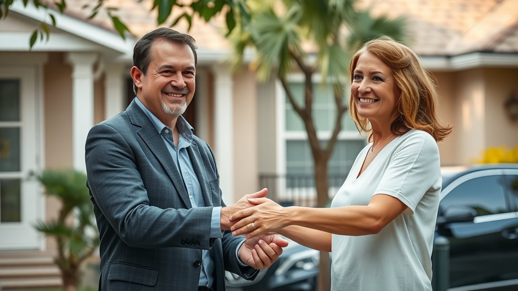 real estate agent shaking hands with homeowner in front of Orlando home