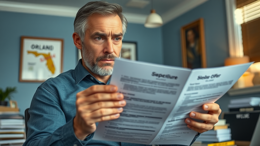 serious Orlando home seller reviewing offer documents for scams and lowball cash offers