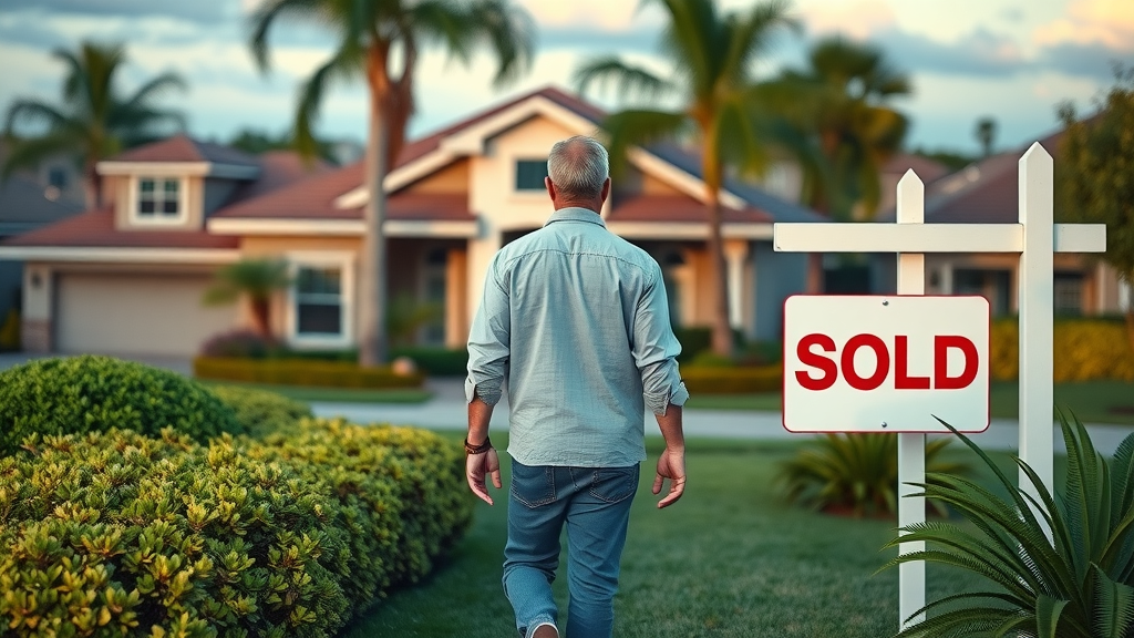 Orlando home seller walking towards Sold sign lush landscaping vibrant central Florida neighborhood